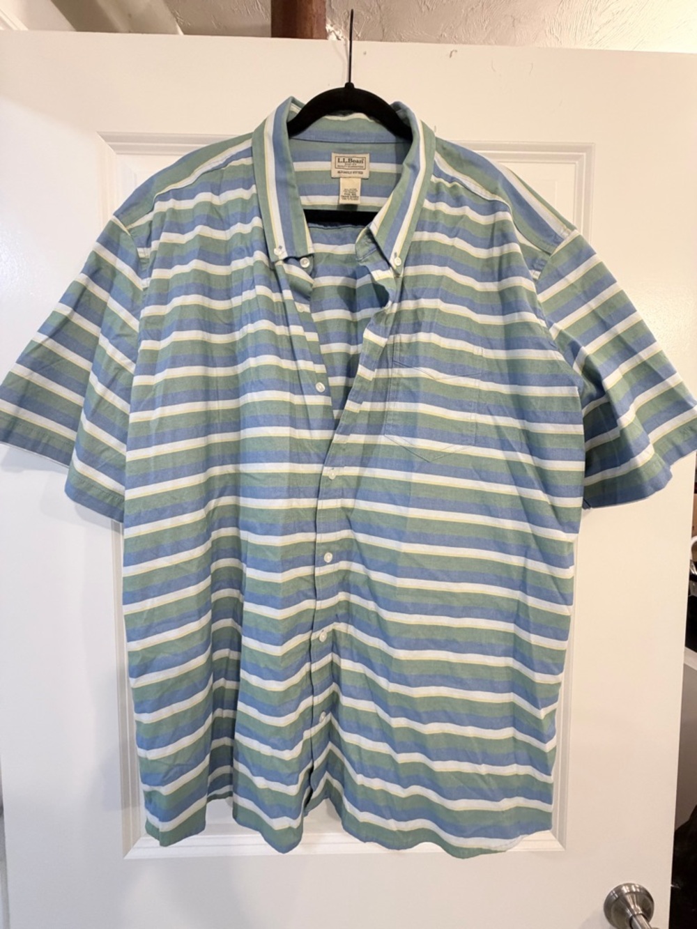 L.L. Bean Men’s Short-Sleeve Striped Button-Down Shirt - Light Blue/Green/White